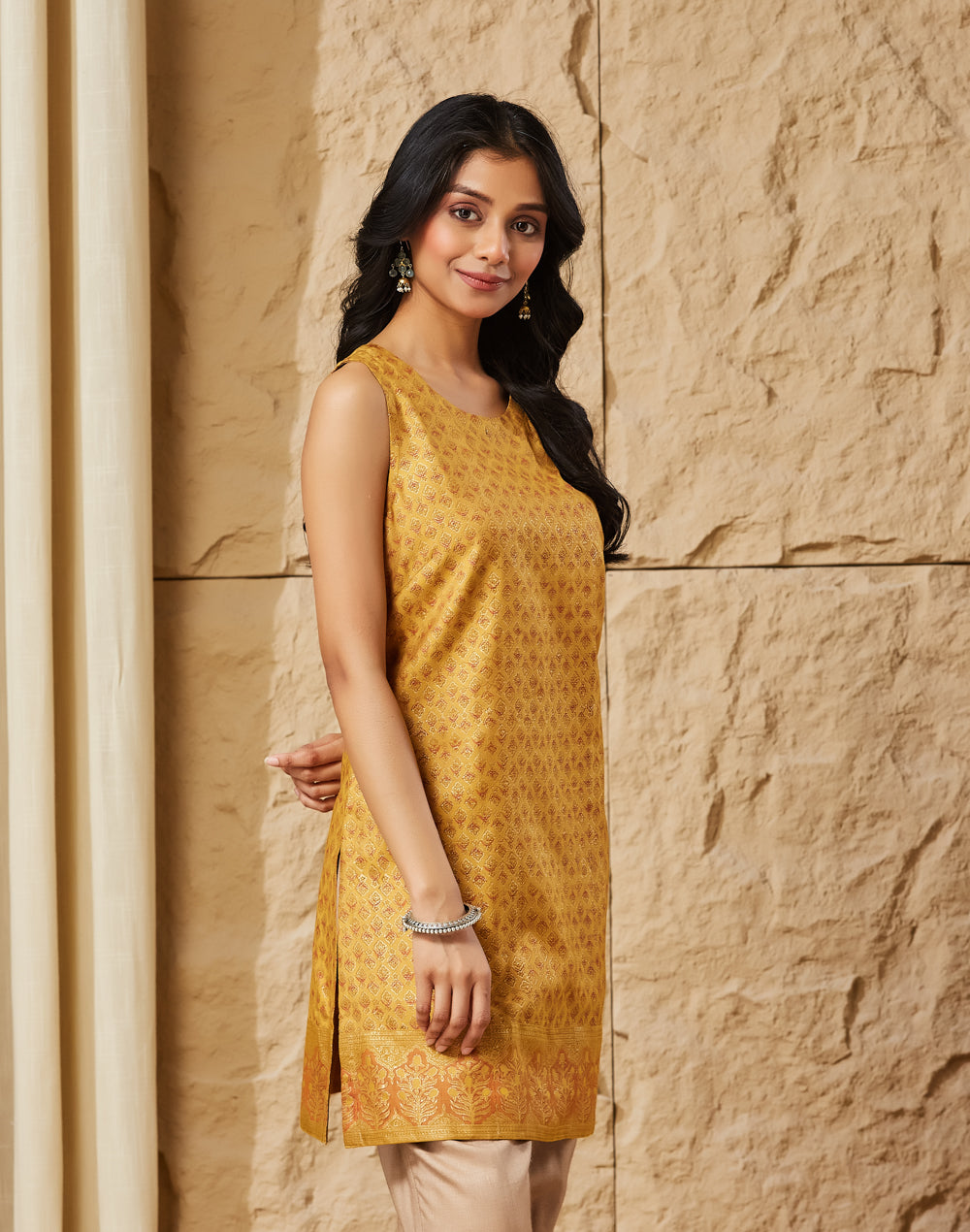 Mustard Viscose Silk Hand Block Printed Slim Fit Short Kurta