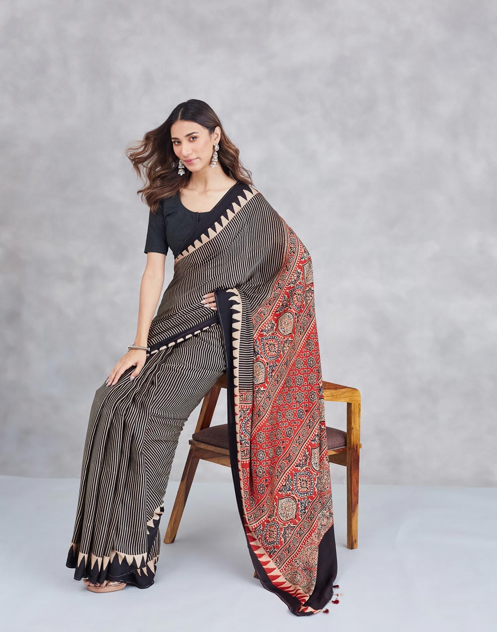 Black Viscose Blend Ajrakh Printed Sari