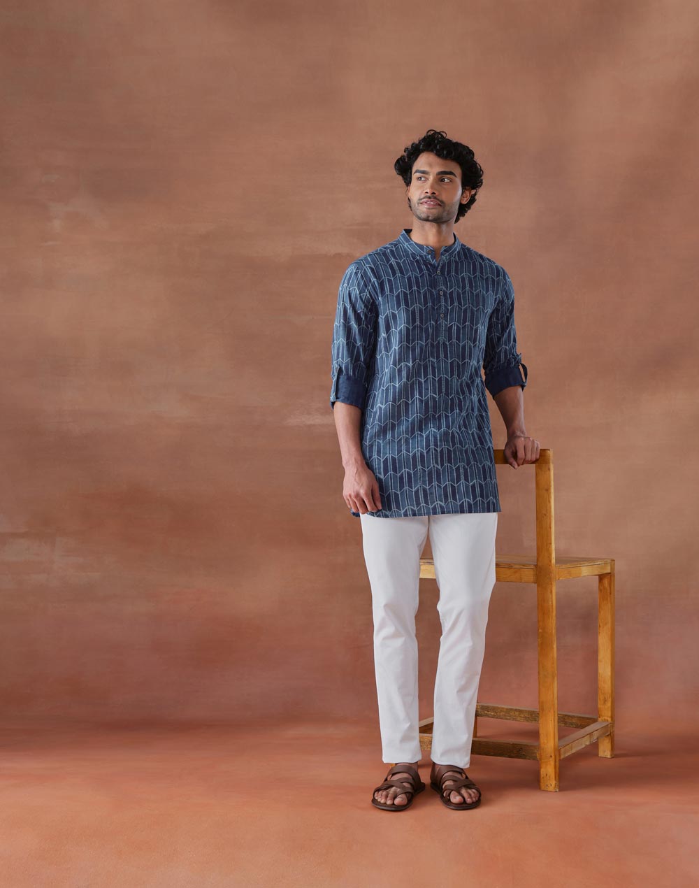 Indigo Cotton Dabu Printed Slim Fit Neel Baan Short Kurta