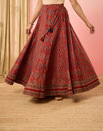 Maroon Cotton Ajrakh Print Ghera Skirt for Women with a traditional Ajrakh print