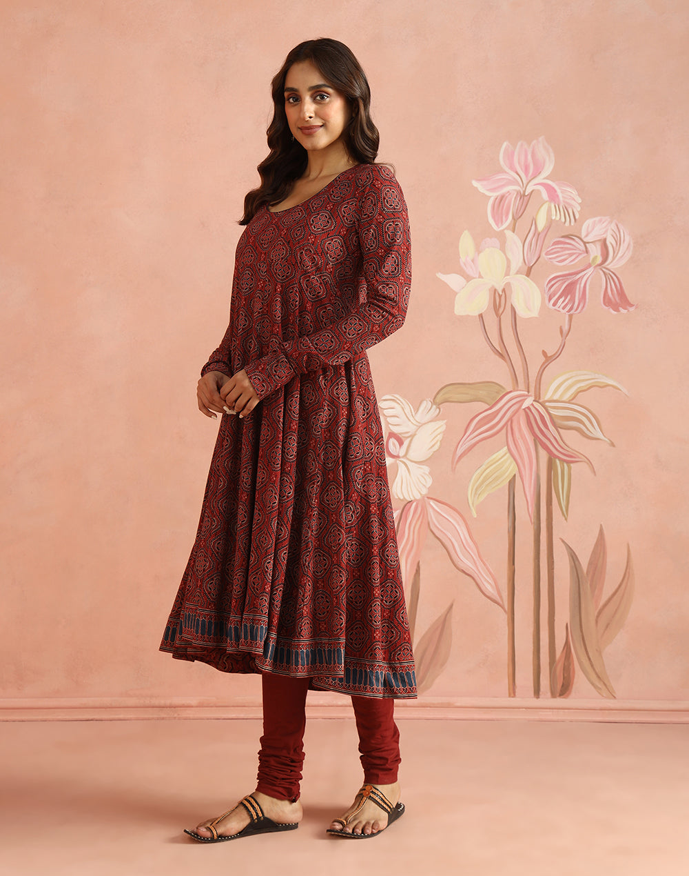 Maroon Cotton Ajrakh Printed Churidar & Kurta
