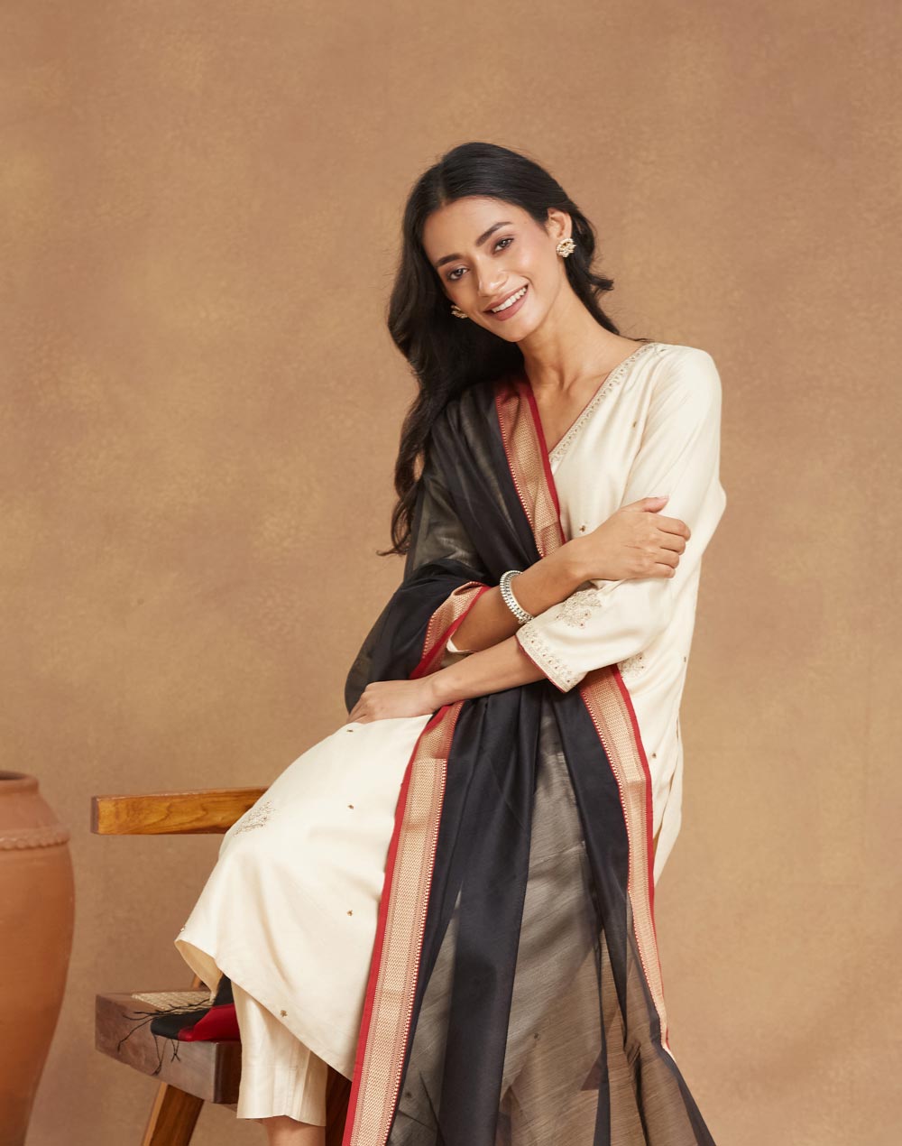 Black Cotton Silk Blend Dupatta