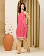 Sleeveless Fuchsia Embroidered Kurta with round neck