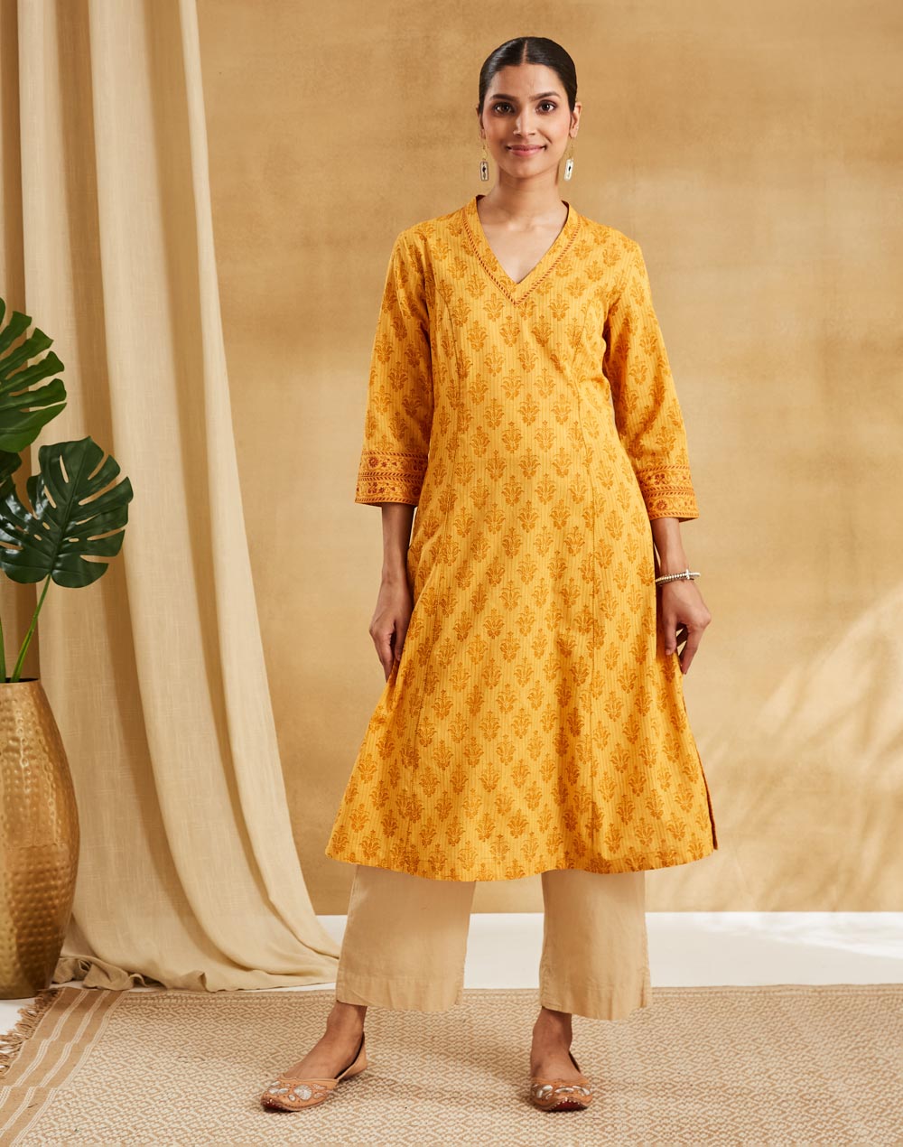Mustard Cotton Hand Block Print Slim Fit Long Kurta