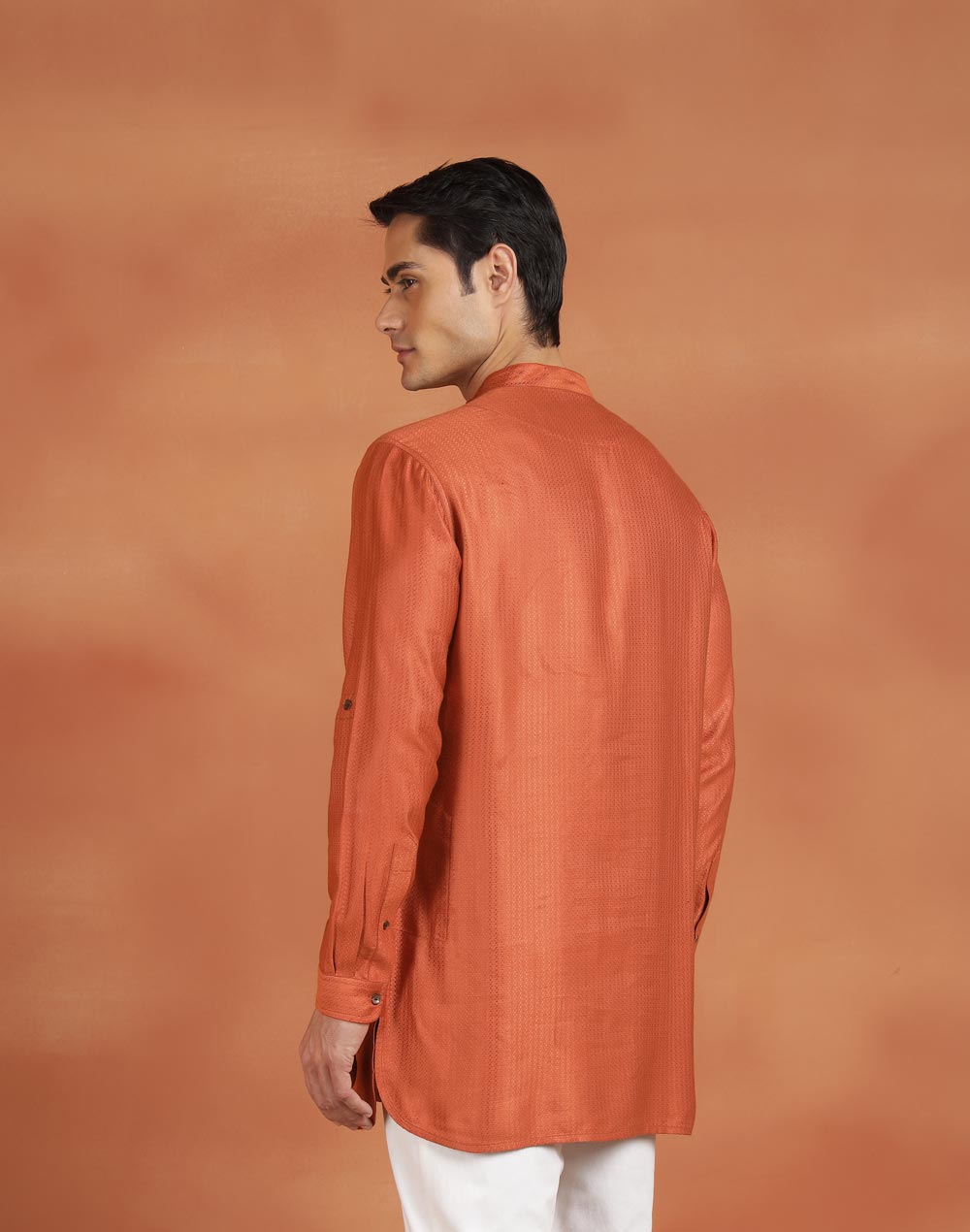 Orange Viscose Silk Dobby Slim Fit Short Kurta