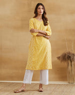 Yellow Cotton Chikankari Long Kurta