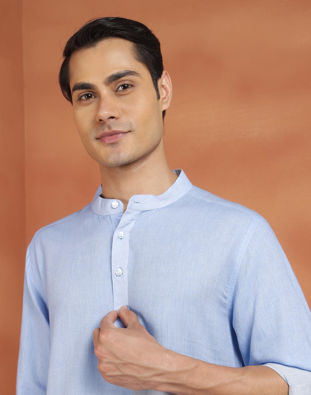Blue Cotton Dobby Slim Fit Short Kurta