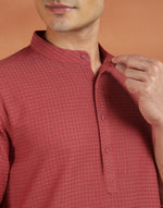 Red Cotton Check Slim Fit Short Kurta