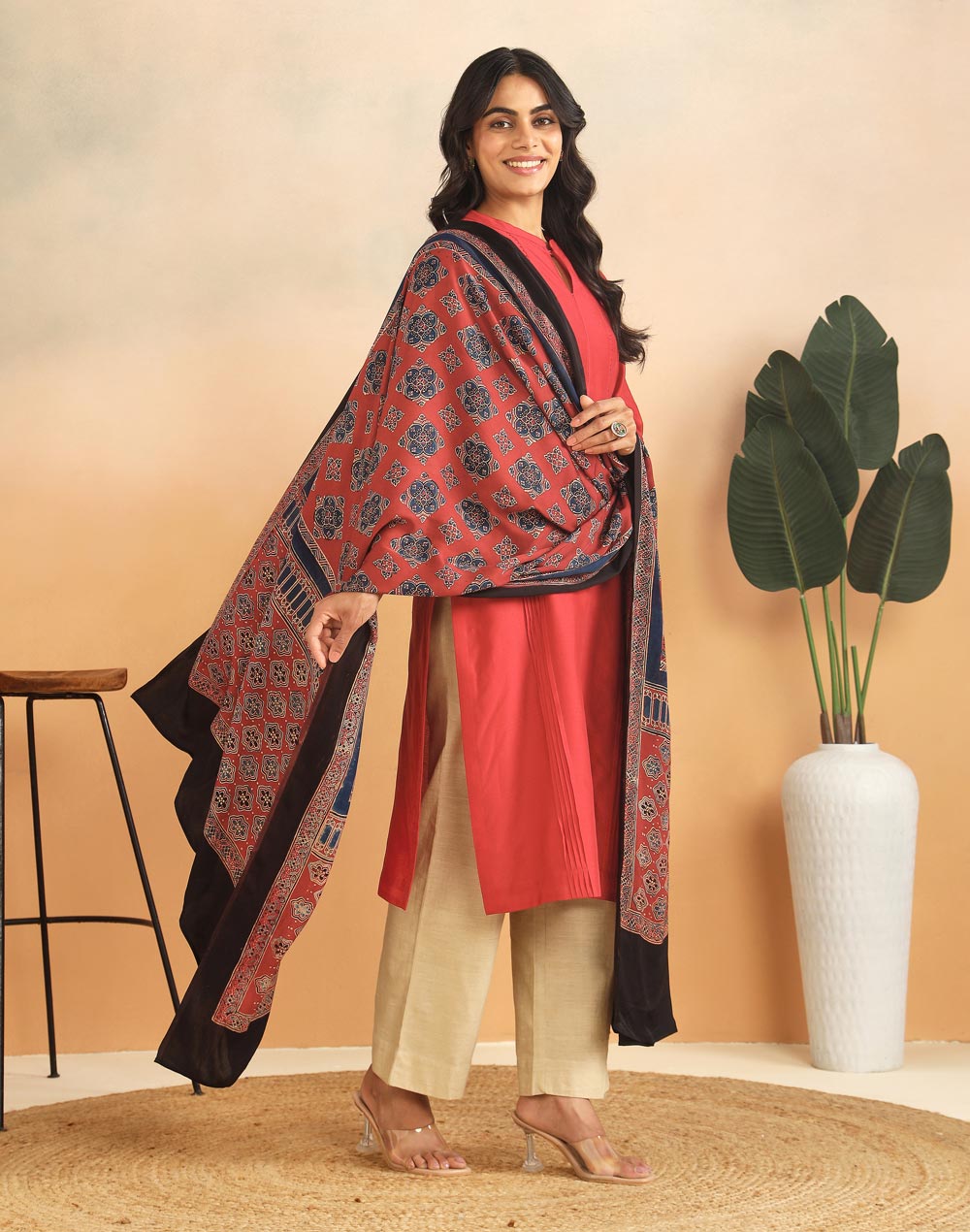 Red Viscose Blend Ajrakh Printed Dupatta