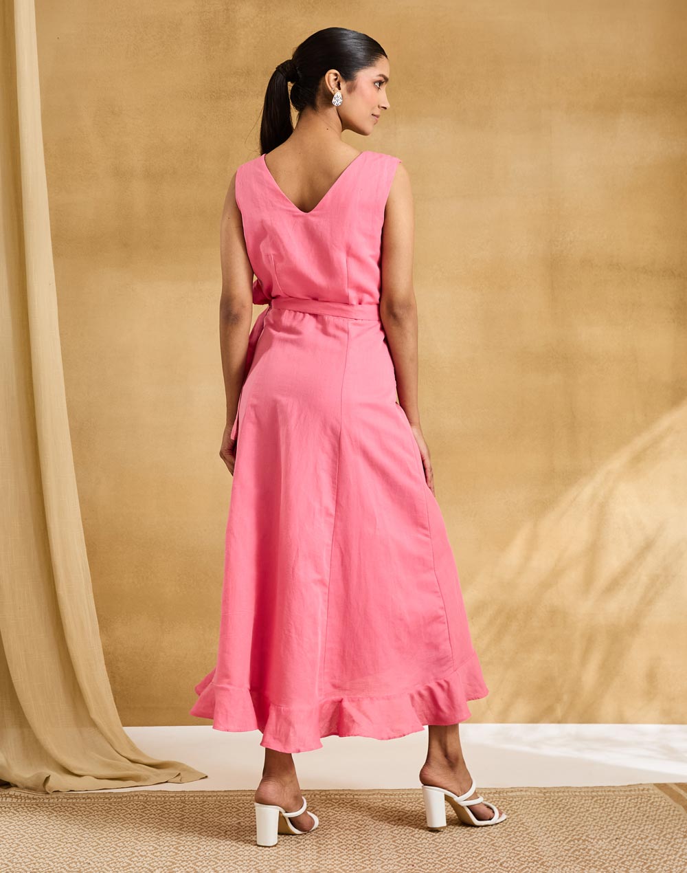 Pink Cotton Linen Tulip Wrap Midi Dress