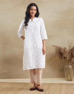 White Cotton Chikankari Knee Length Kurta