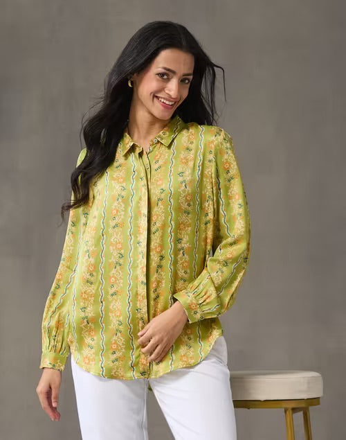 Green Rayon Block Print Floral Shirt for Women from Fabindia UK