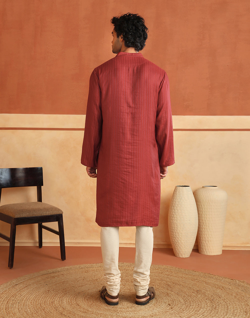 Texture and finish of the Red Dobby Long Kurta by Fabindia UK