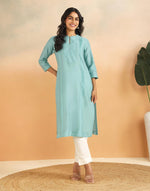 Turquoise Cotton Silk Pintuck Slim Fit Long Kurta