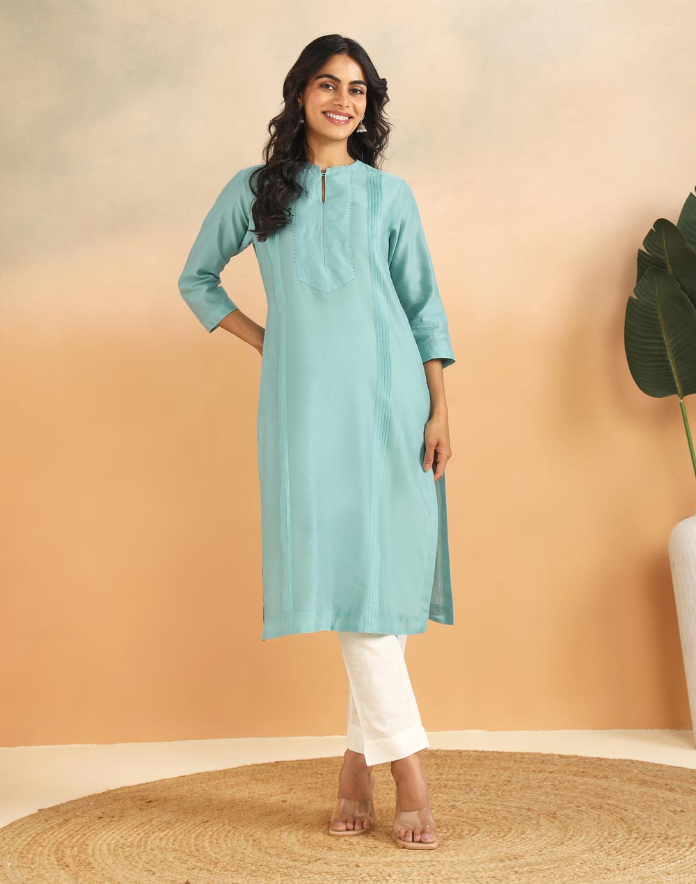 Turquoise Cotton Silk Pintuck Slim Fit Long Kurta