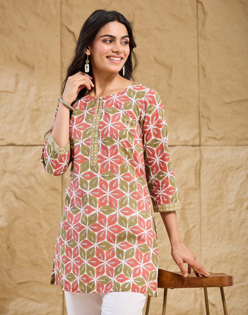 Green Cotton Hand Block Printed Slim Fit Short Kurta