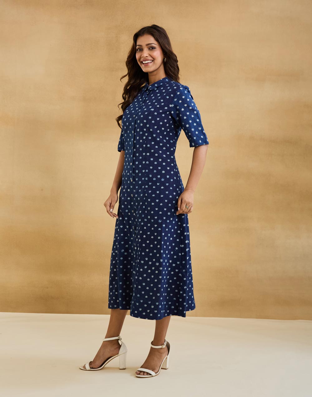 Indigo Cotton Dabu Printed Midi Dress
