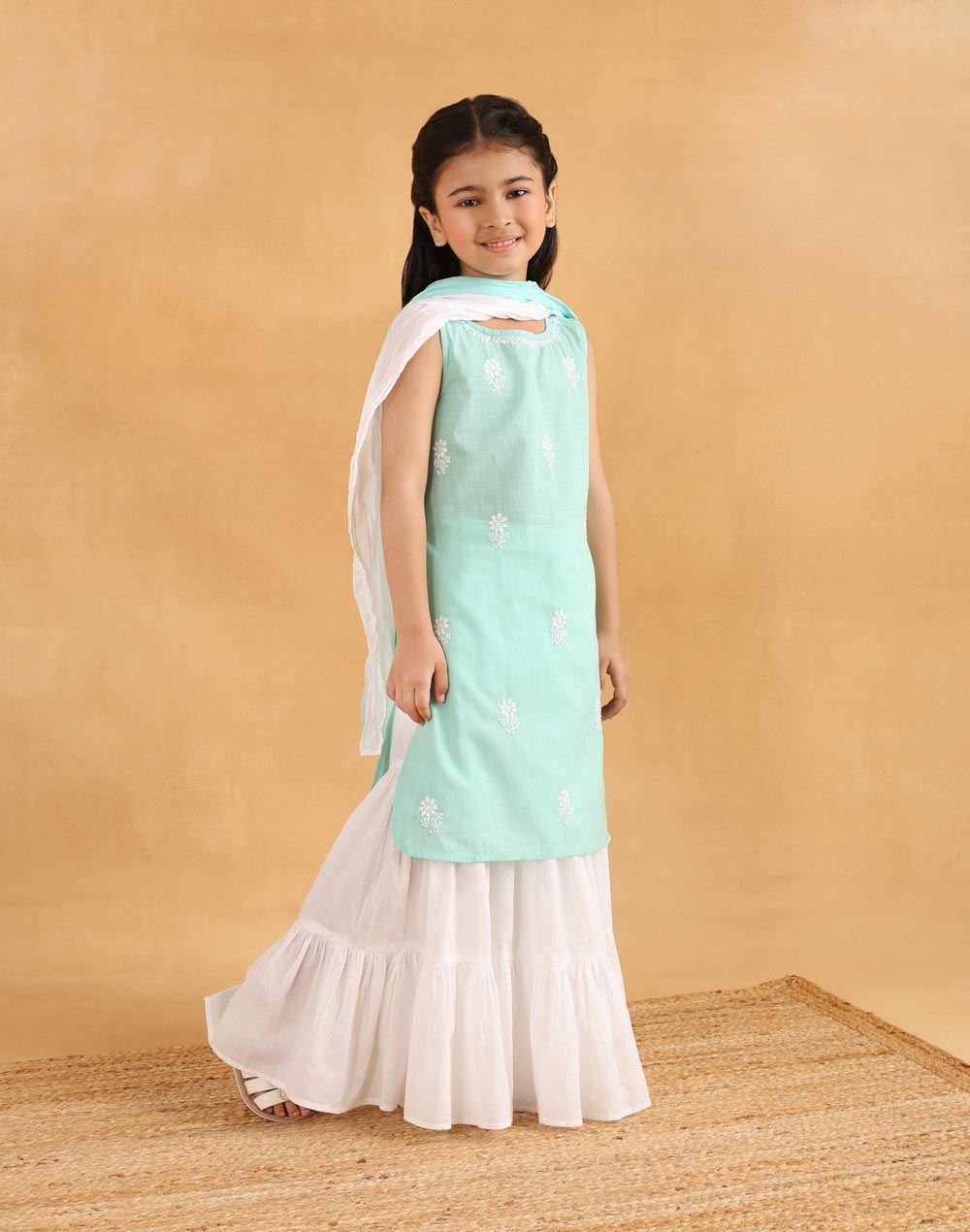Teal Cotton Chikankari 3pc Garara Set