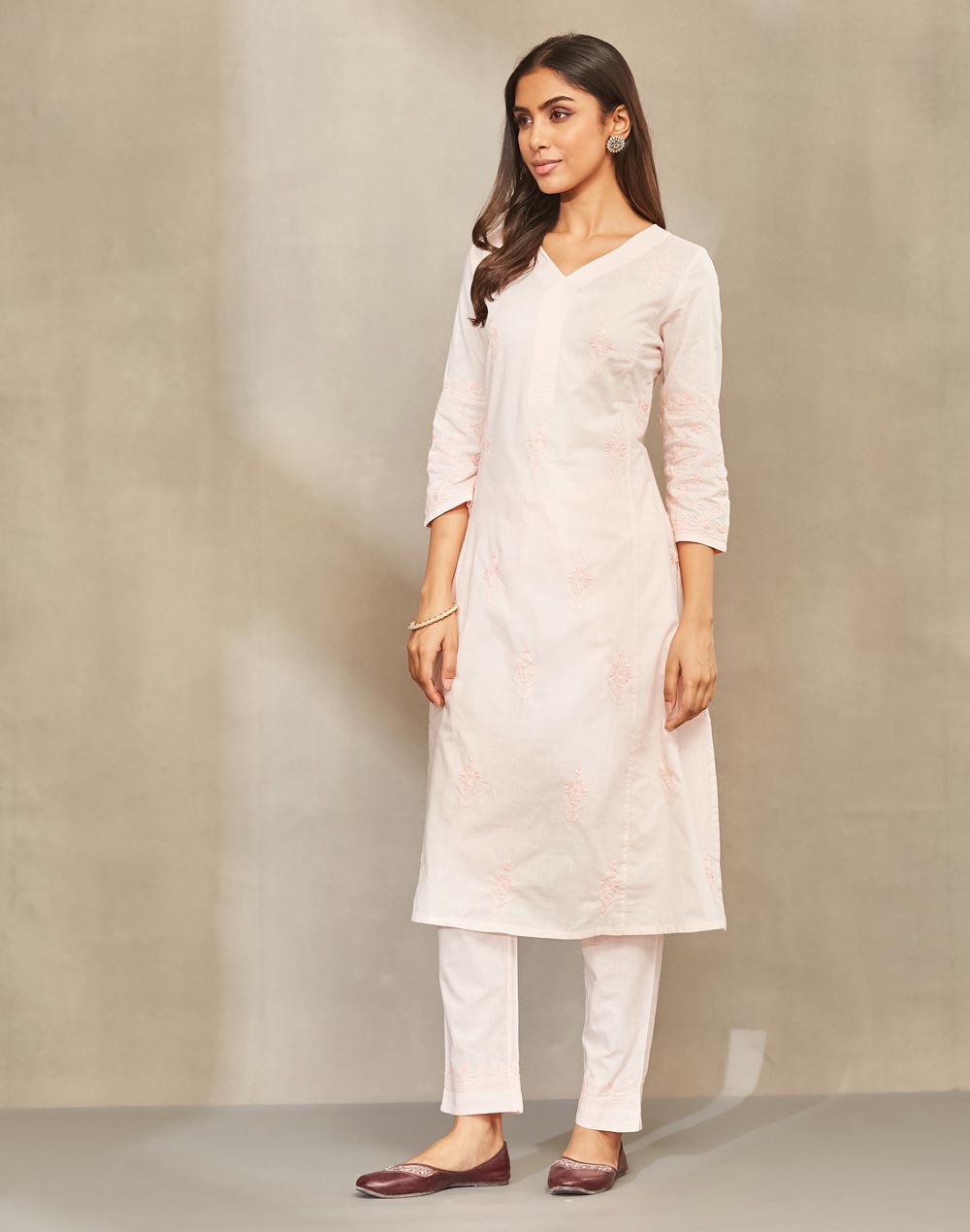 Orange Cotton Chikankari Pant & Kurta Set