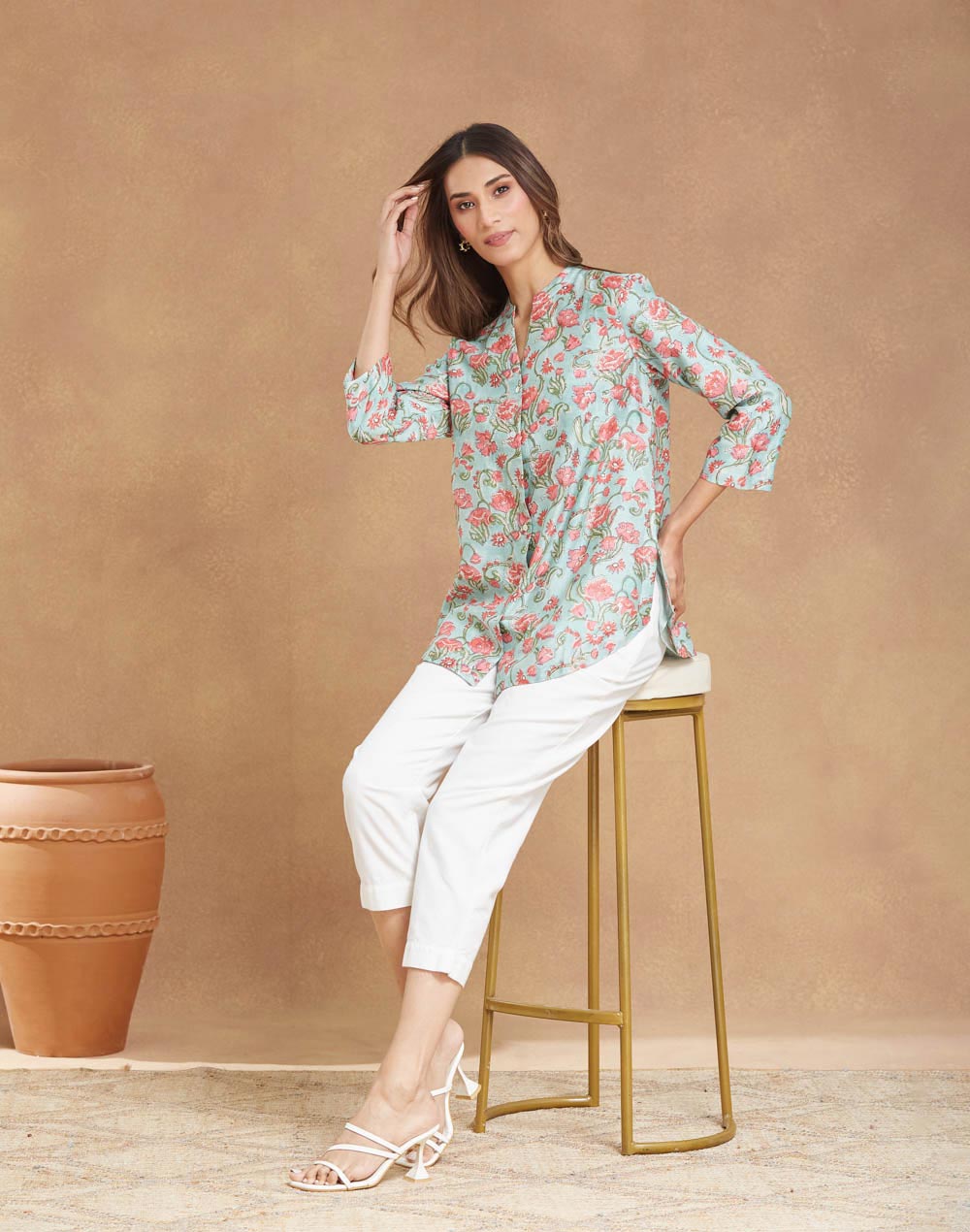 Green Cotton Silk Hand Block Printed Tunic