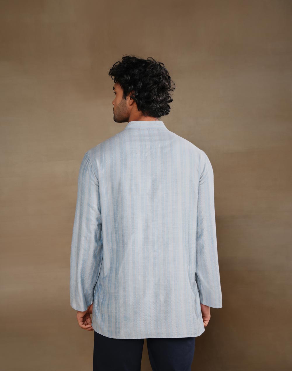 Light Blue Viscose Silk Blend Zari Stripe Short Kurta