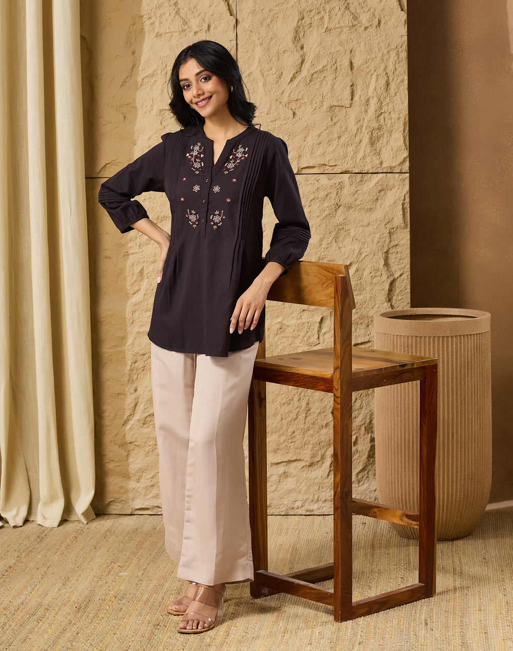 Black Cotton Linen Embroidered Tunic