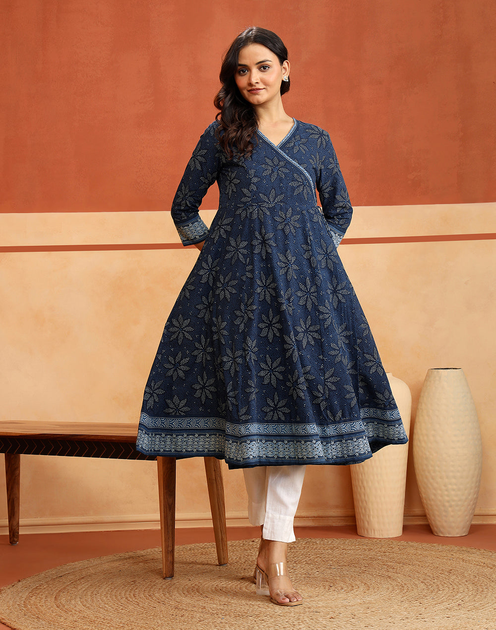 Indigo Cotton Slim Fit Printed Floral Long Kurta