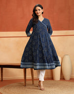 Indigo Cotton Slim Fit Printed Floral Long Kurta