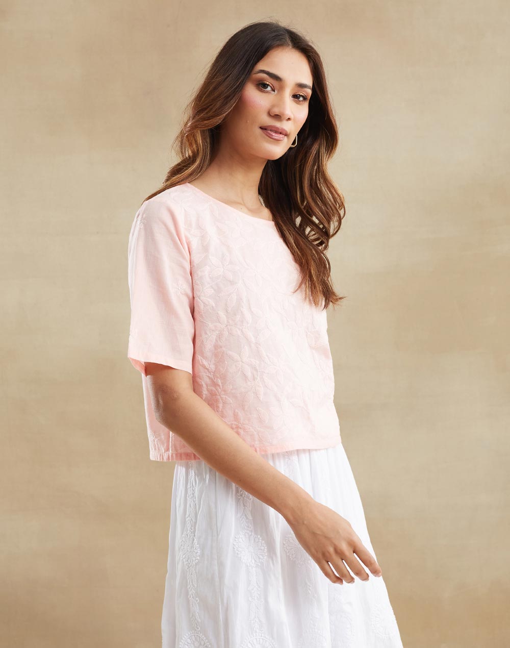 Pink Cotton Chikankari Short Top
