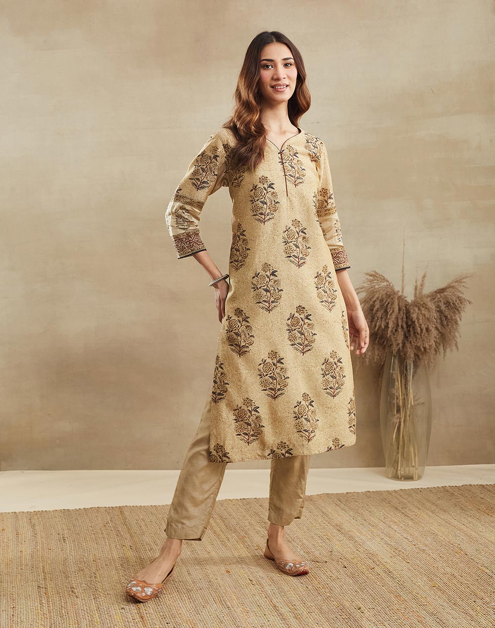 Beige Cotton Silk Long Kurta