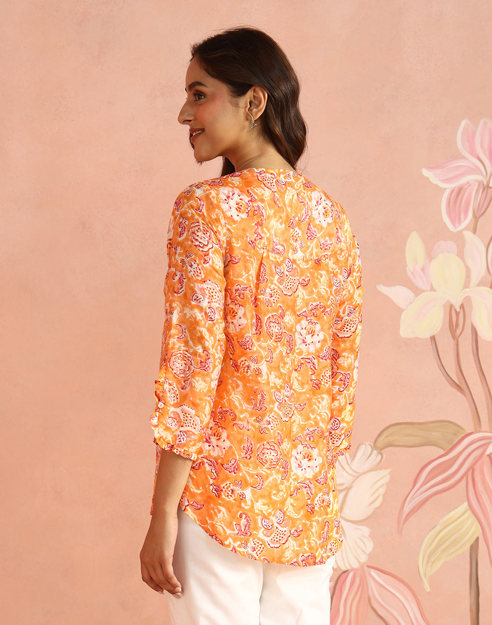 Texture and finish of the Peach Block Print Floral Shirt by Fabindia UK