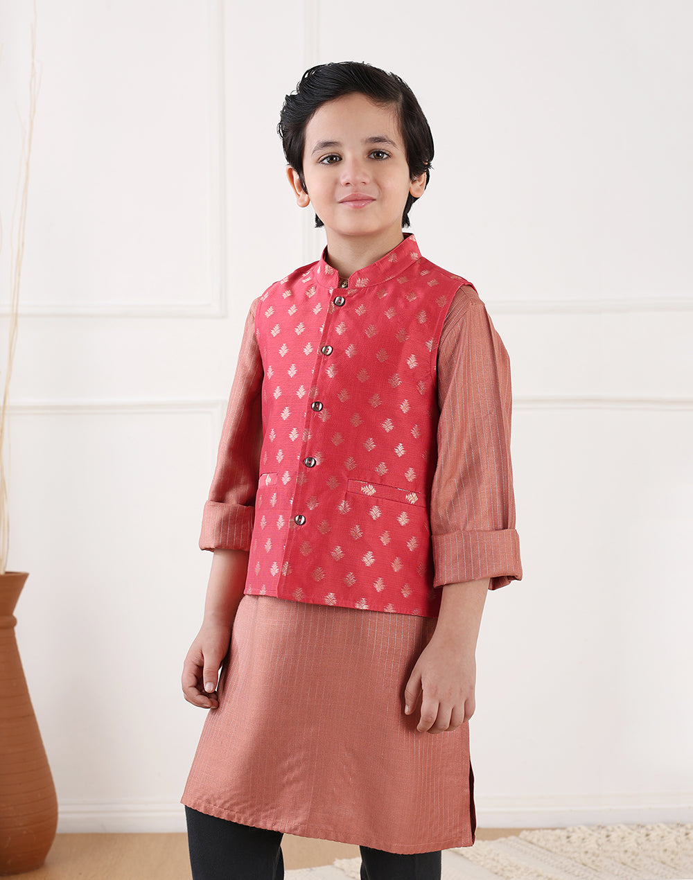 Red Cotton Silk Blend Cutwork Jacket