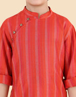Red Viscose Blend Stripe Long Kurta