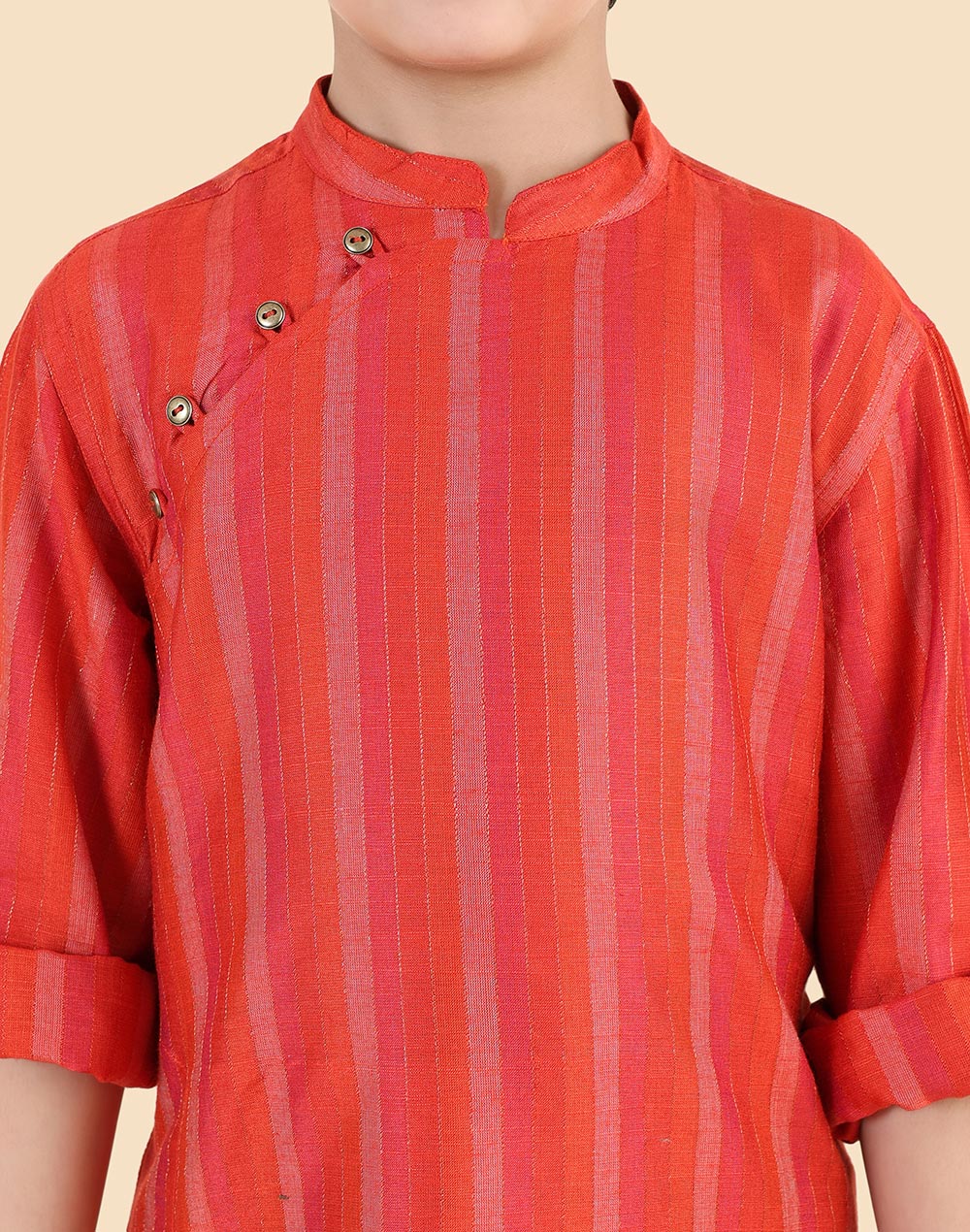 Red Viscose Blend Stripe Long Kurta