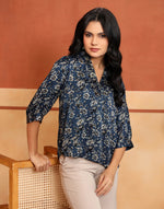 Navy Rayon Ajrakh Print Top for Women from Fabindia UK