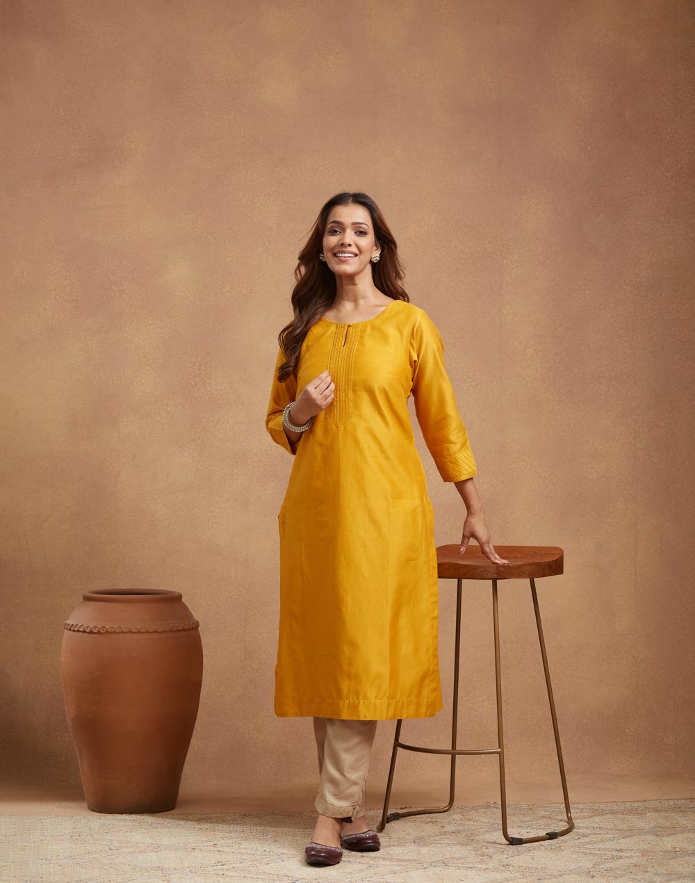 Mustard Cotton Silk Long Kurta