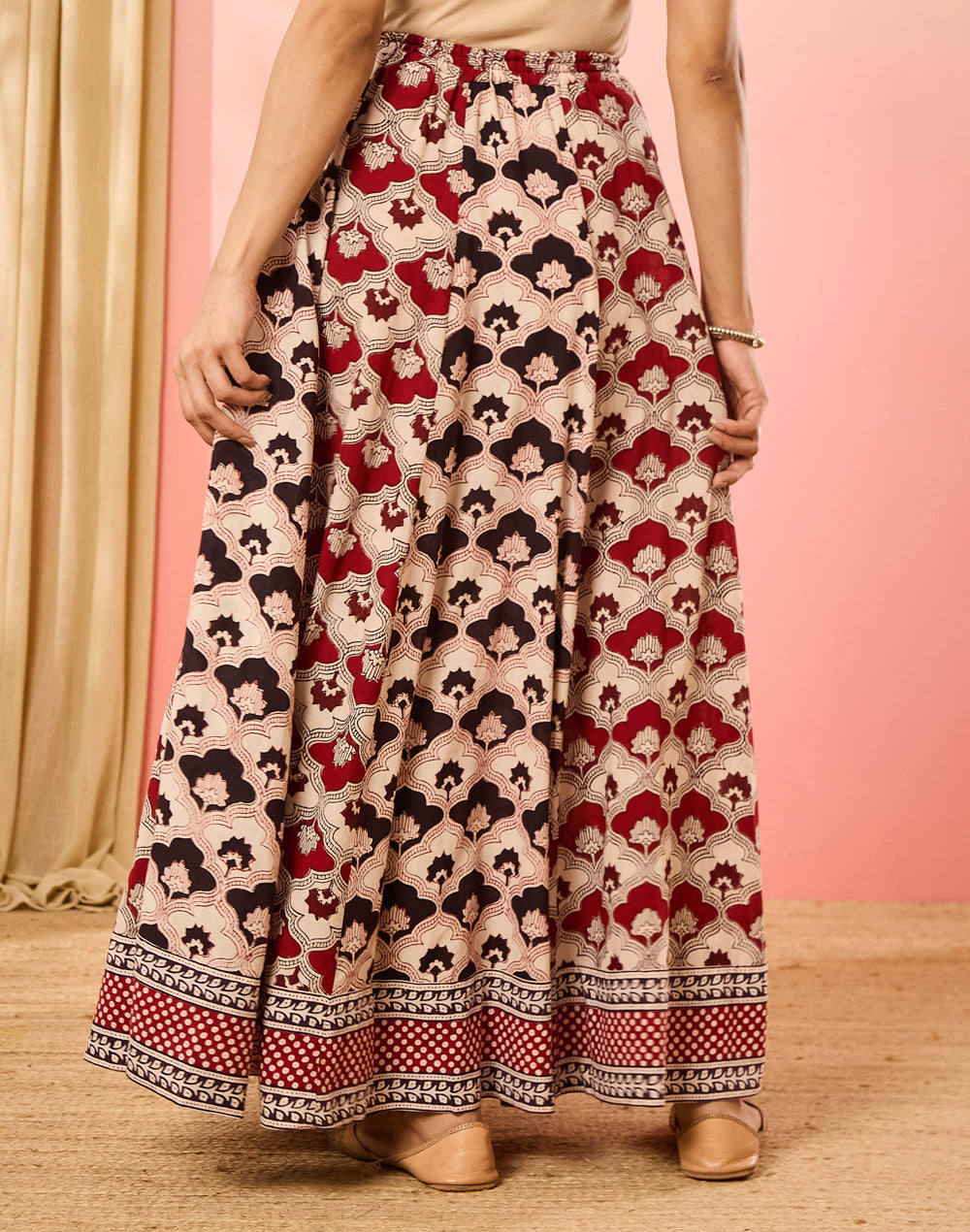 Texture and finish of the Maroon Bagh Print Ghera Skirt by Fabindia UK