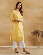 Yellow Cotton Chikankari Long Kurta