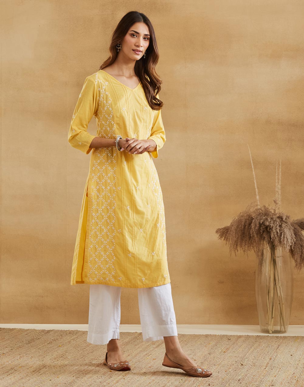 Yellow Cotton Chikankari Long Kurta