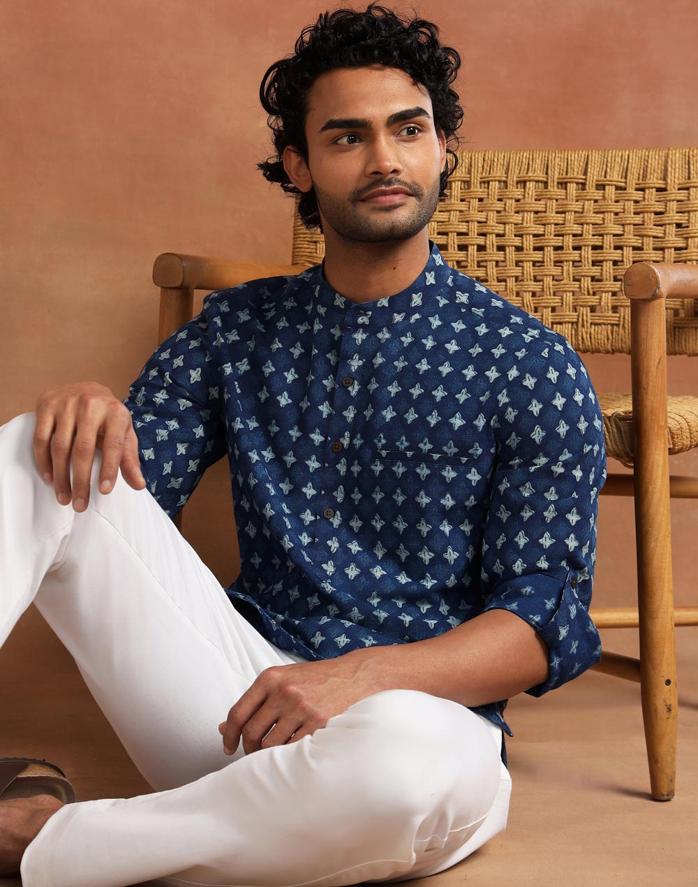 Indigo Cotton Dabu Printed Slim Fit Mid Placket Shirt