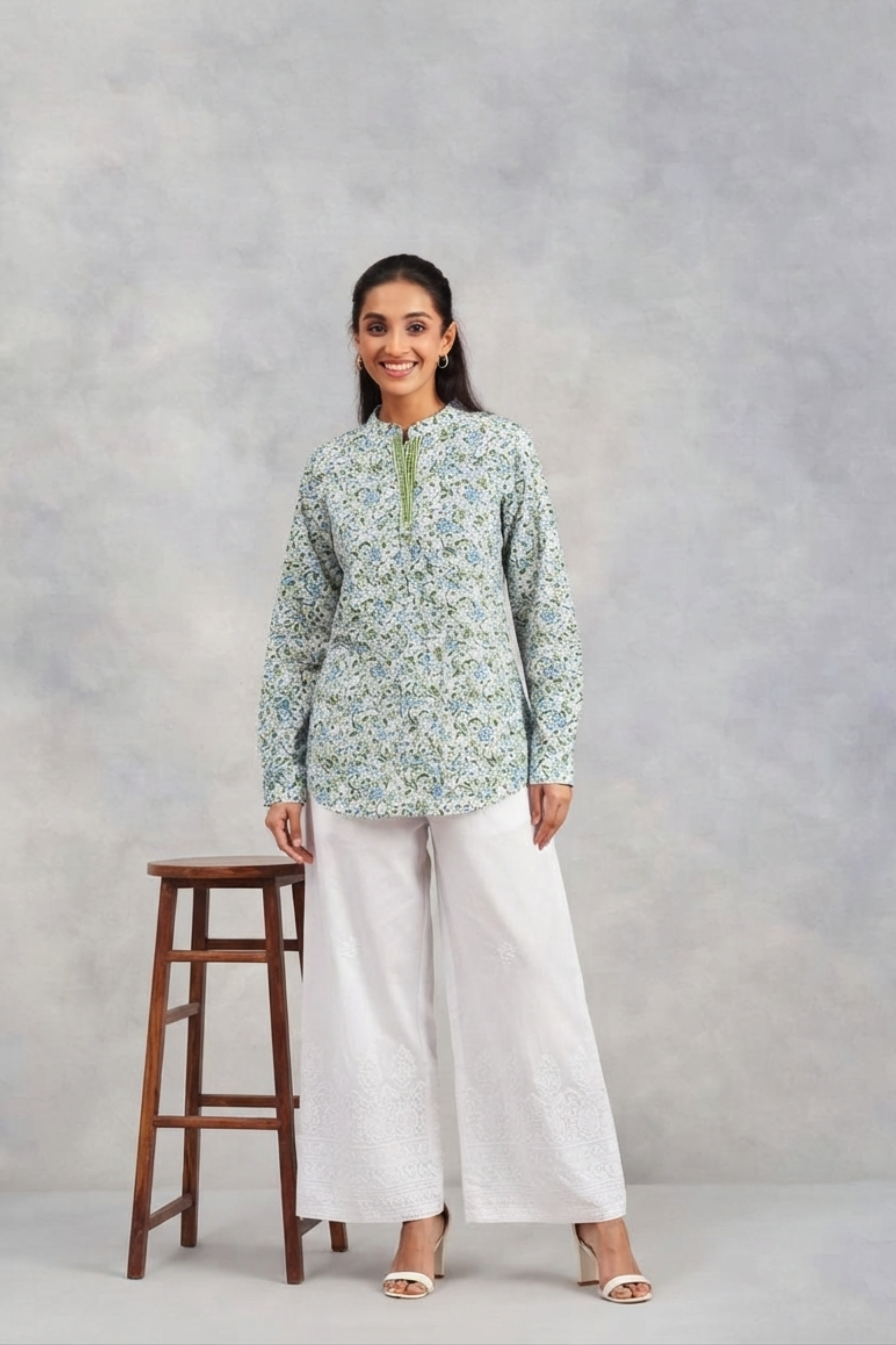 White-Green Cotton Hand Block Printed Tunic