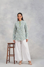 White-Green Cotton Hand Block Printed Tunic