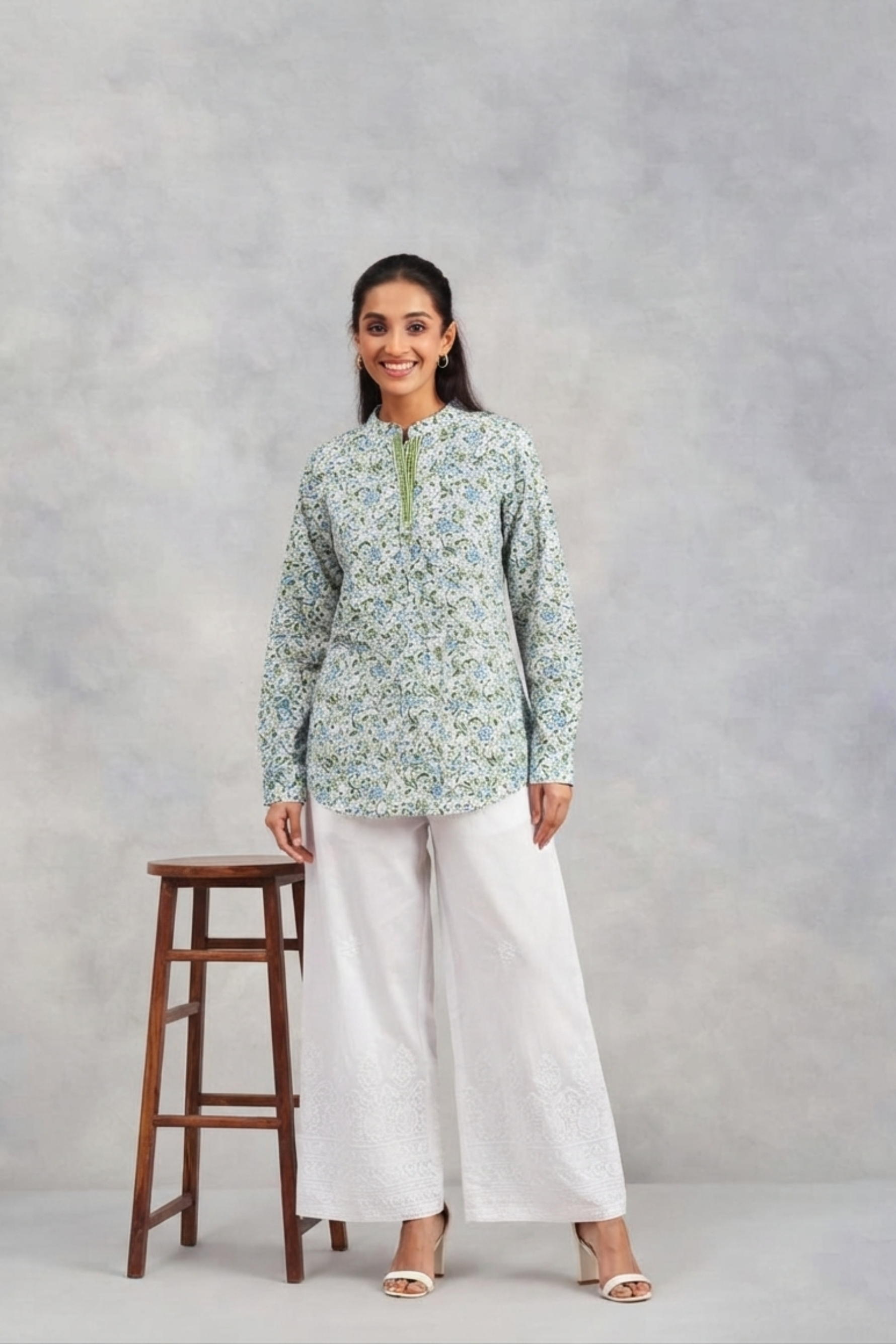 White-Green Cotton Hand Block Printed Tunic