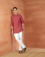 Red Cotton Check Slim Fit Short Kurta