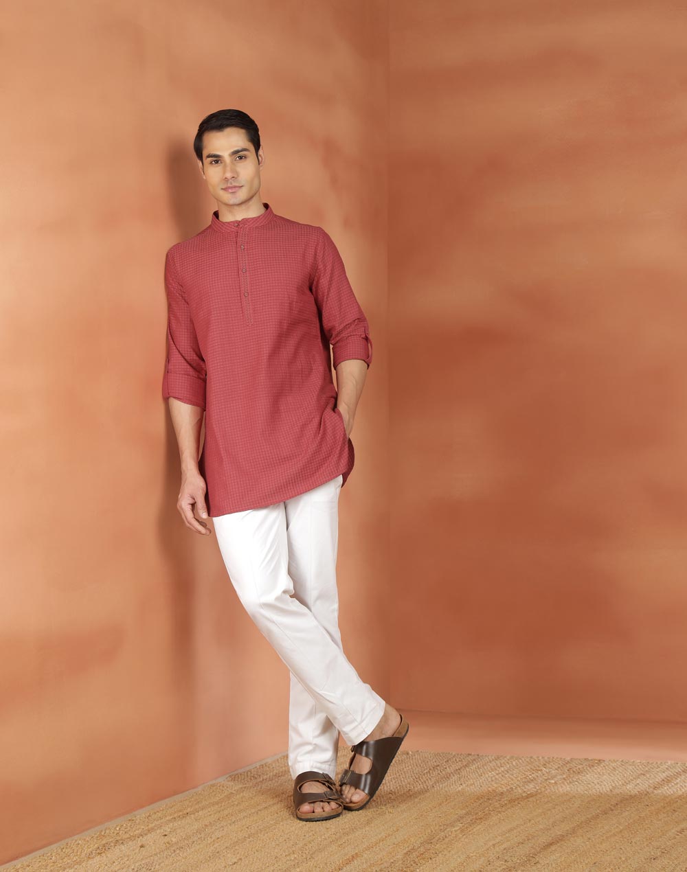 Red Cotton Check Slim Fit Short Kurta