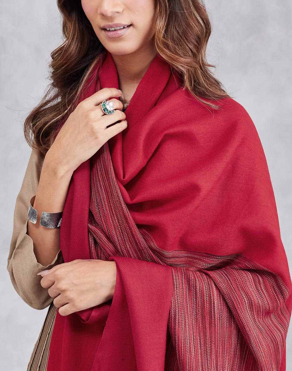 Red Shawl Wrap styled for winter layering