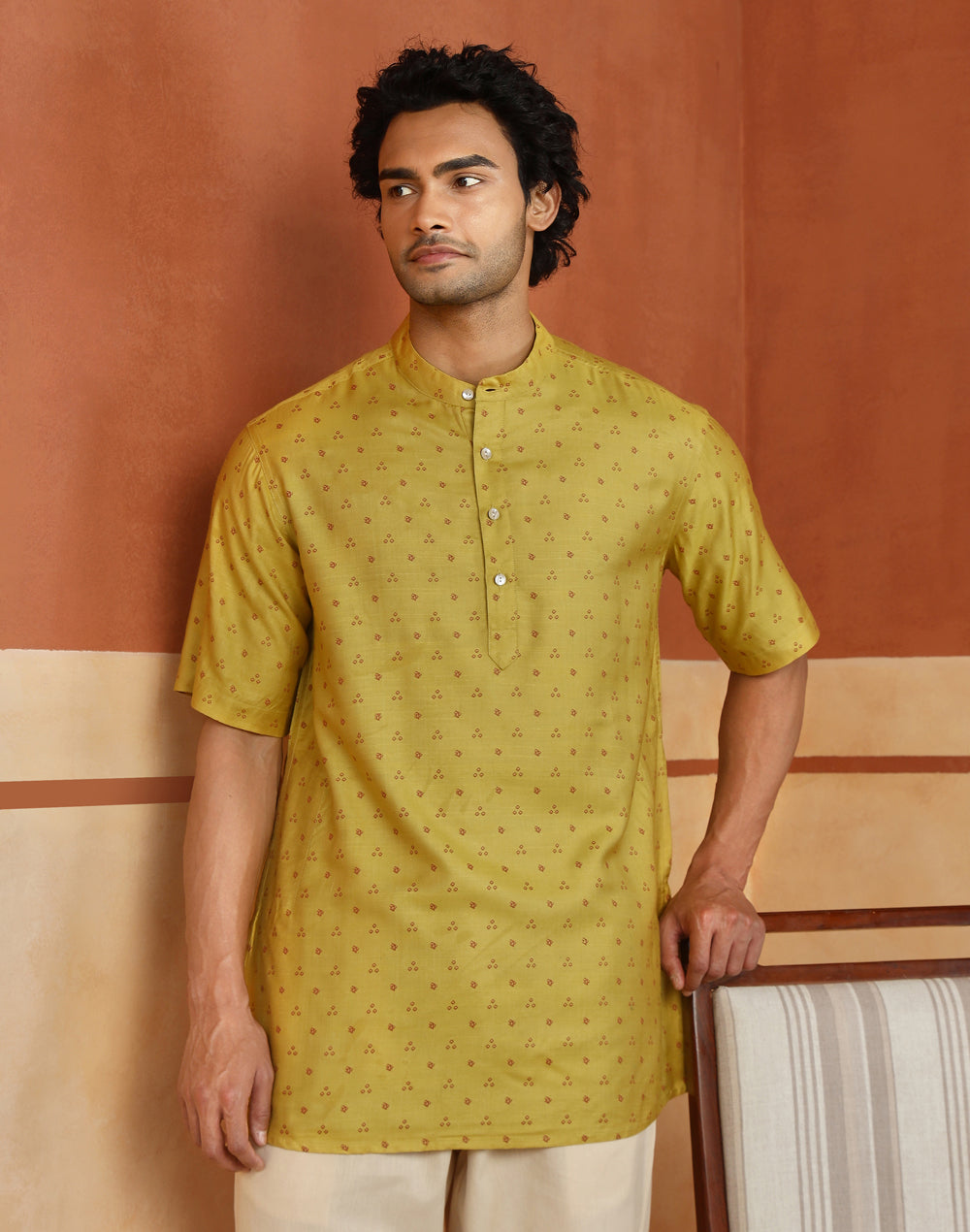 Yellow Viscose Silk Printed Short Kurta