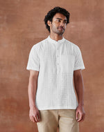 White Cotton Hand Block Printed Slim Fit Mid Placket Shirt