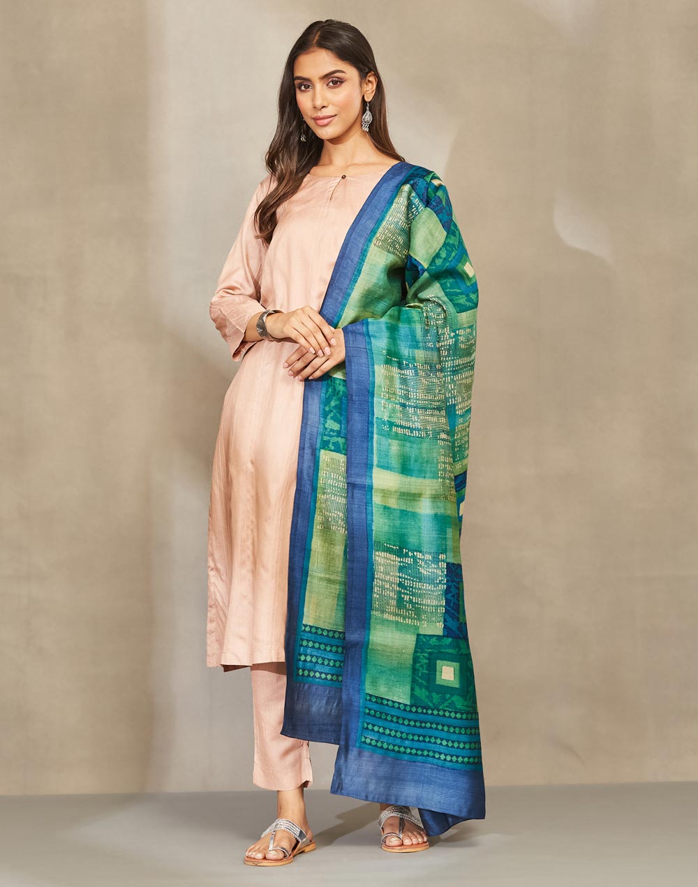 Green Silk Hand Block Print Dupatta