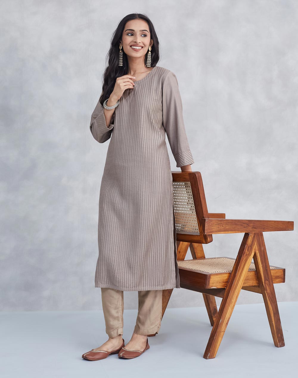 Grey Viscose Silk Pintucks Long Kurta